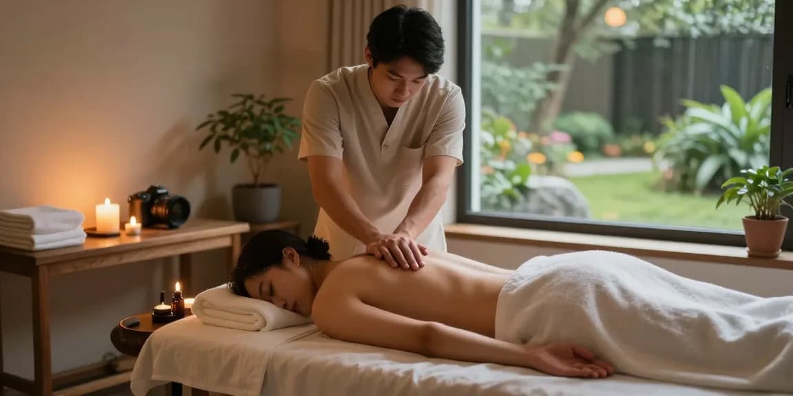 구미마사지 전용 마사지샵에서 남성 고객에게 마사지를 제공하는 전문 마사지사 모습