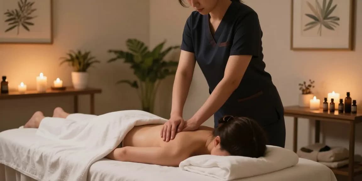 동탄마사지 전문 시술을 받는 고객과 치료사 모습, 아로마 오일과 초가 있는 편안한 안마실.