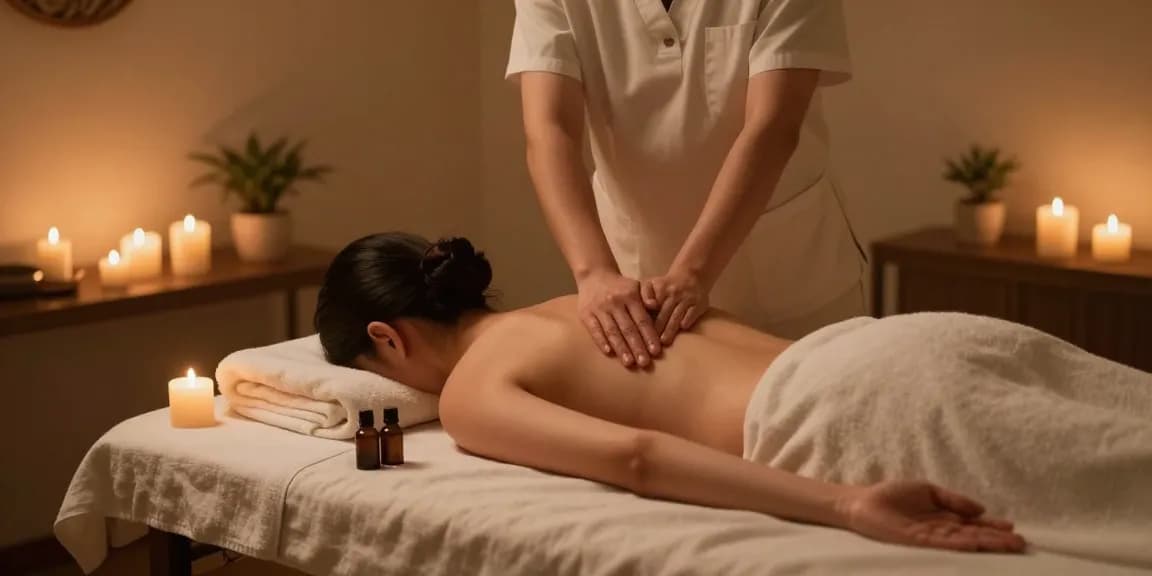 마사지 받는 고객과 온화한 조명을 가진 마사지 룸의 모습
