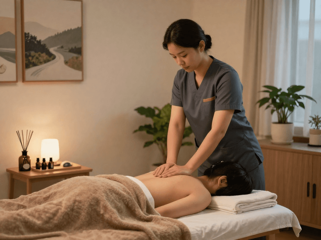 Relaxing atmosphere for 강서구출장안마 with a therapist giving a massage, calming decor, and soft lighting.