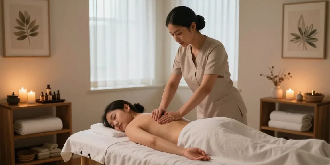 대전마사지 전문 마사지 치료실에서 편안한 분위기 속에 고객에게 스웨디시 테라피를 제공하는 모습