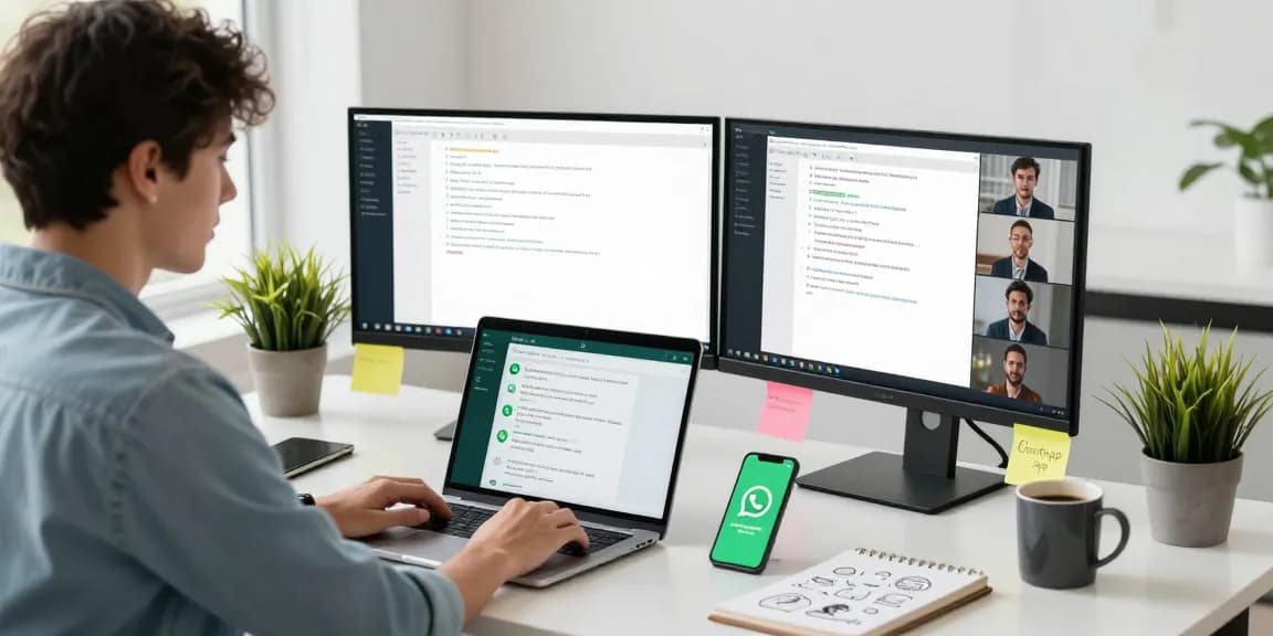 Professional workspace with WhatsApp網頁版 on laptop, showcasing digital communication