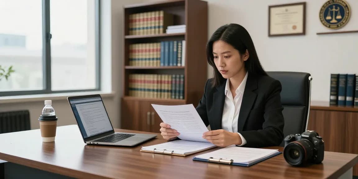 Speaking of legal expertise, a lawyer reviews documents in a modern office, enhancing client trust.
