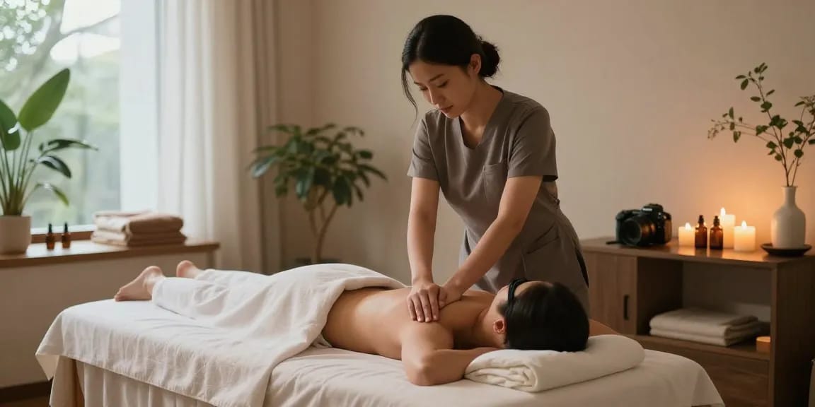 스웨디시 마사지 중인 고객과 마사지 치료사, 아로마 오일과 촛불이 있는 편안한 분위기.