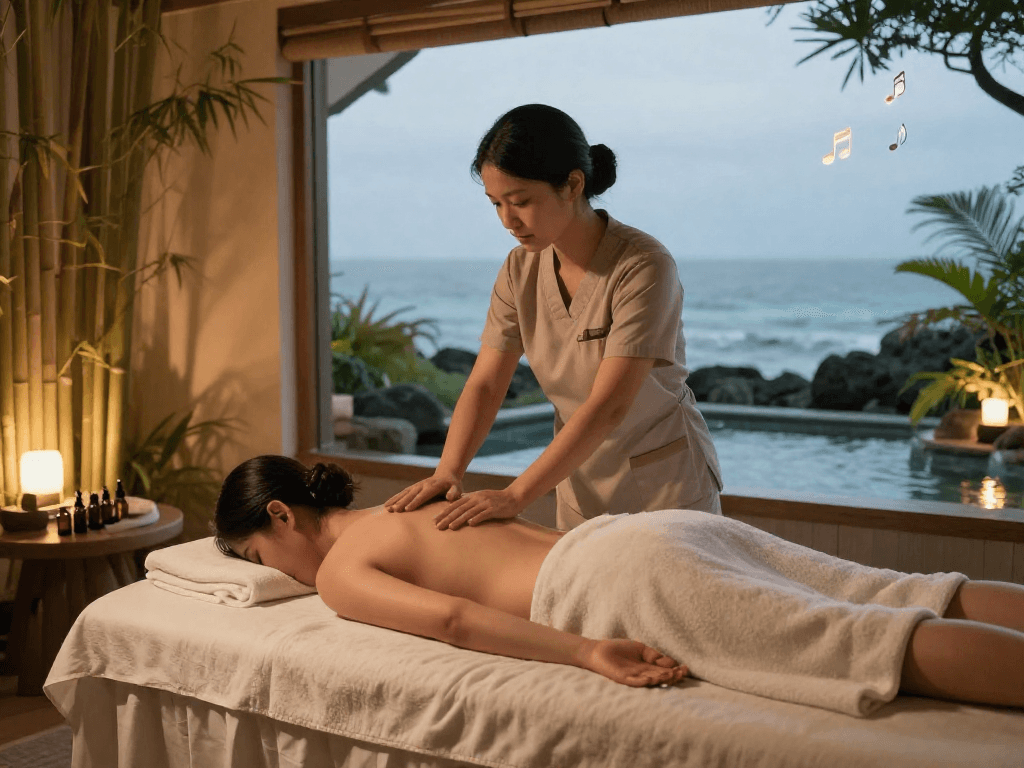 제주마사지로 편안하게 휴식하는 이미지, 자연과 조화를 이루는 스파 환경에서 제공됩니다.