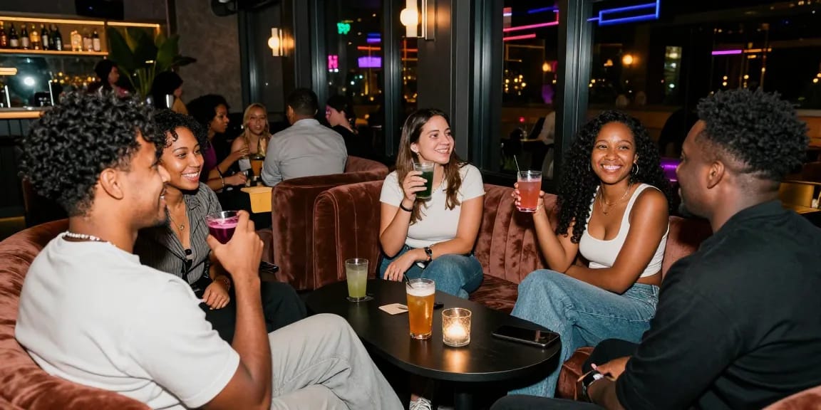 Exciting social gathering at a vibrant 오피 lounge with friends enjoying drinks in a stylish setting.