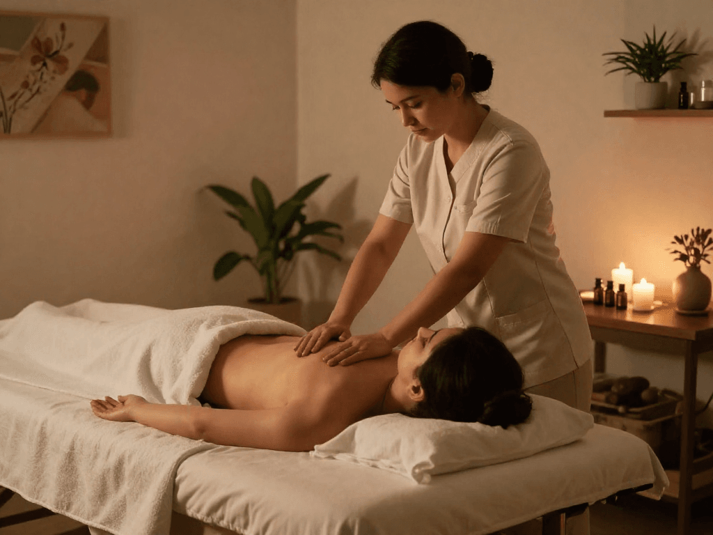 Client enjoying a relaxing 영등포출장안마 session in a serene home environment with professional therapist.