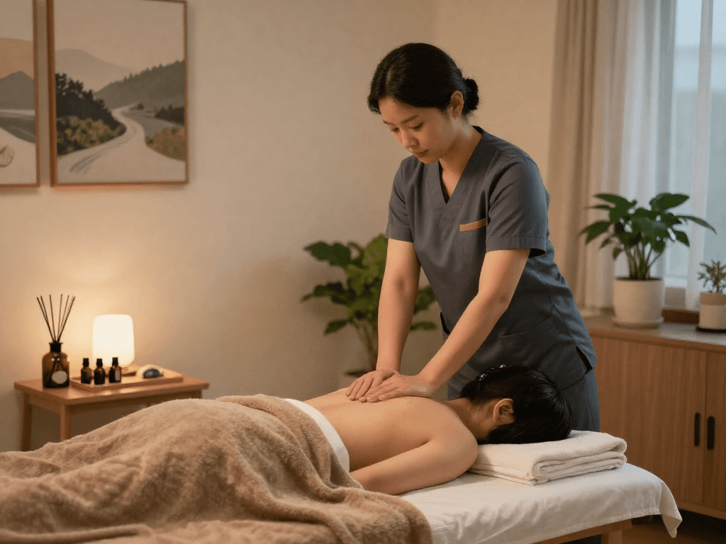 Relaxing atmosphere for 강서구출장안마 with a therapist giving a massage, calming decor, and soft lighting.