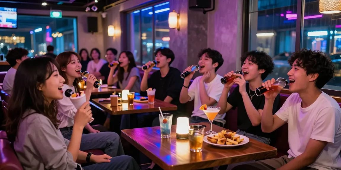 제주유흥의 활기찬 밤문화에서 친구들과 함께 노래를 부르는 모습