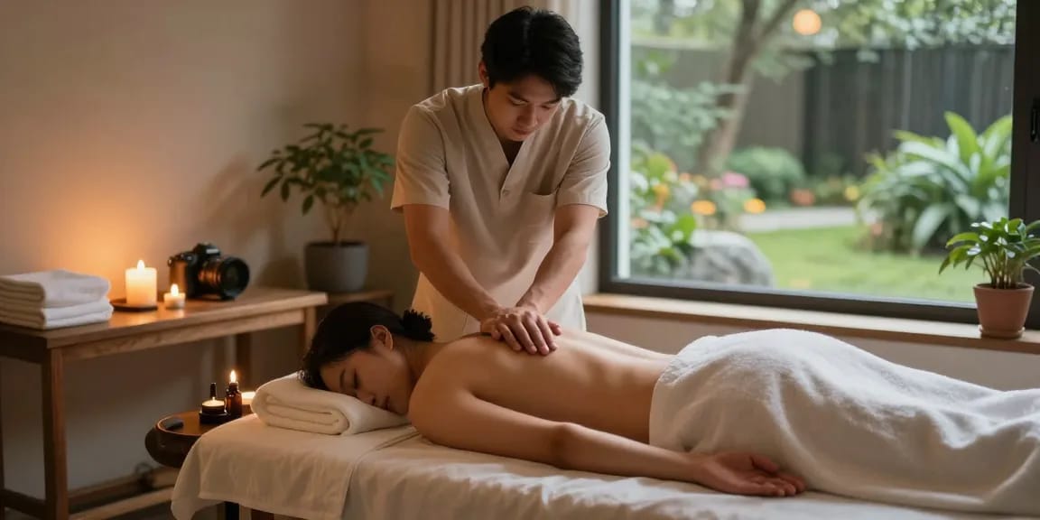 구미마사지 전용 마사지샵에서 남성 고객에게 마사지를 제공하는 전문 마사지사 모습