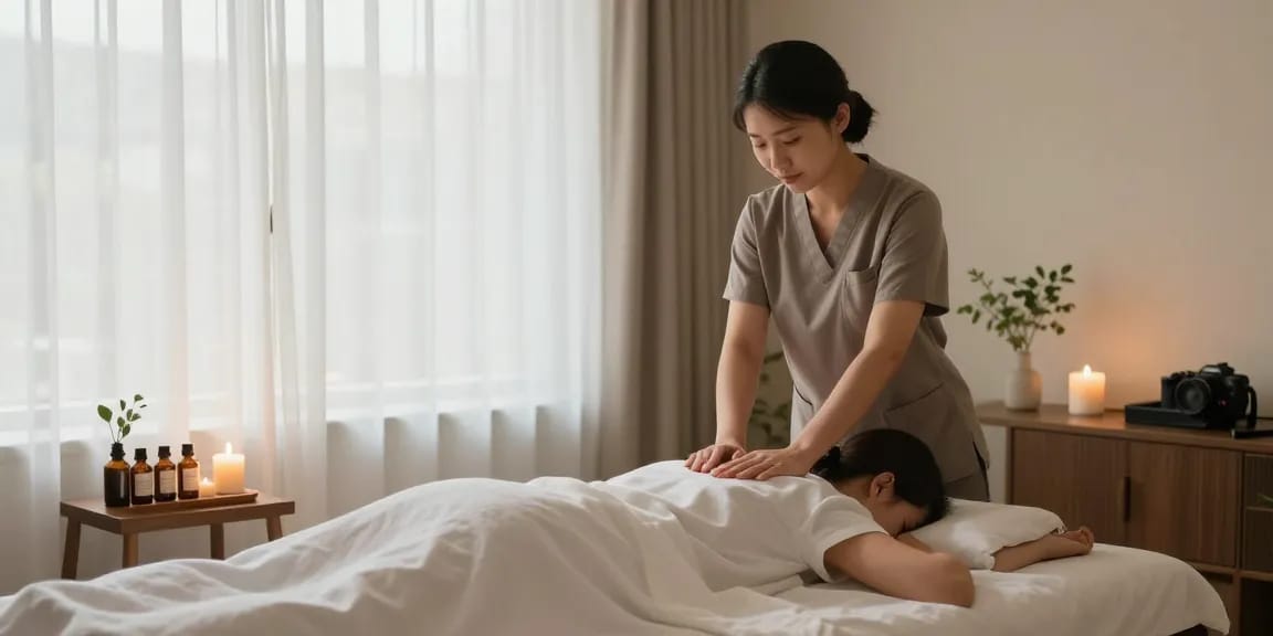 안산출장안마 세션을 받고 있는 고객과 아로마 테라피 서비스의 편안한 마사지 룸