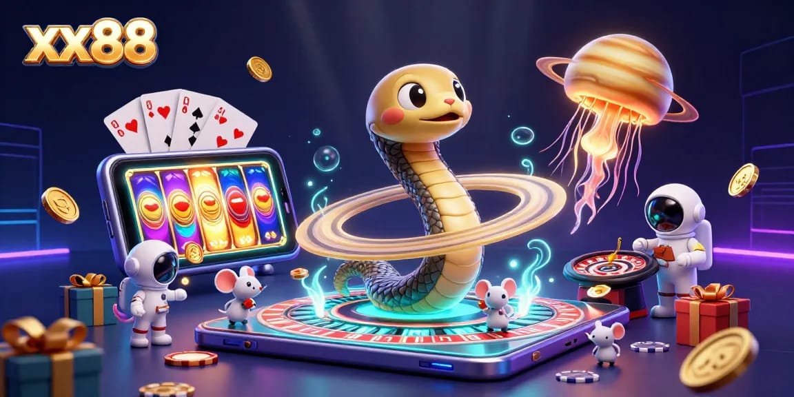 Experience vibrant casino action with xx88's interactive gaming scene featuring playful astronauts.