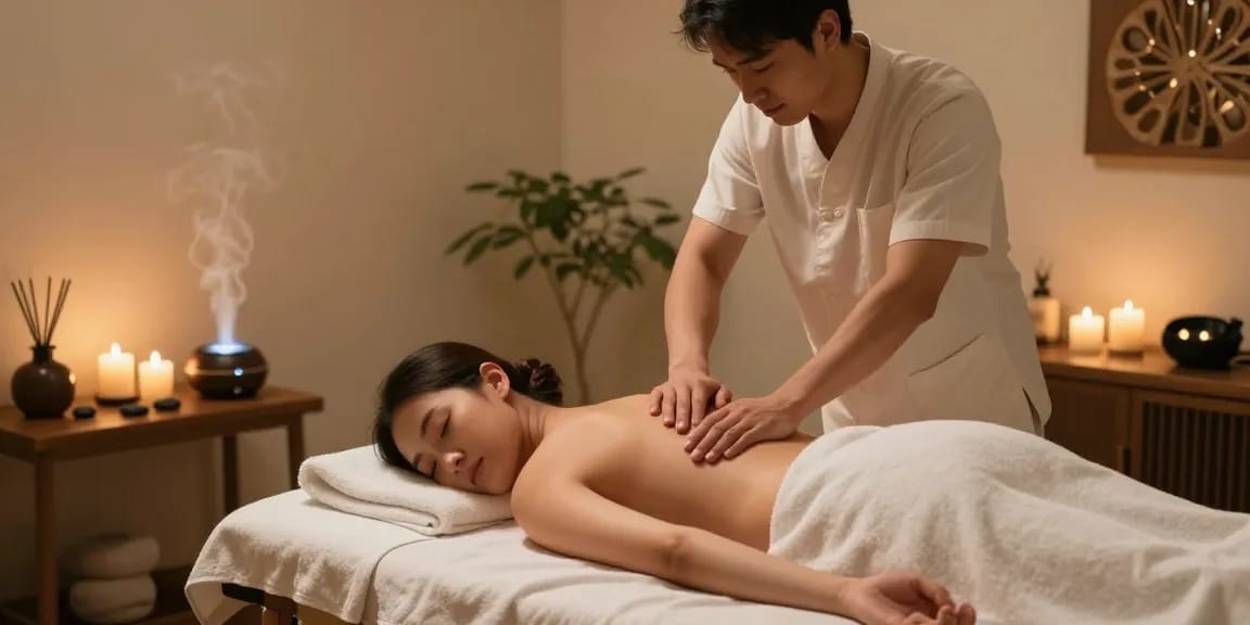 전주마사지 편안한 마사지 스튜디오의 남성 관리사가 고객에게 편안한 마사지를 제공하는 모습