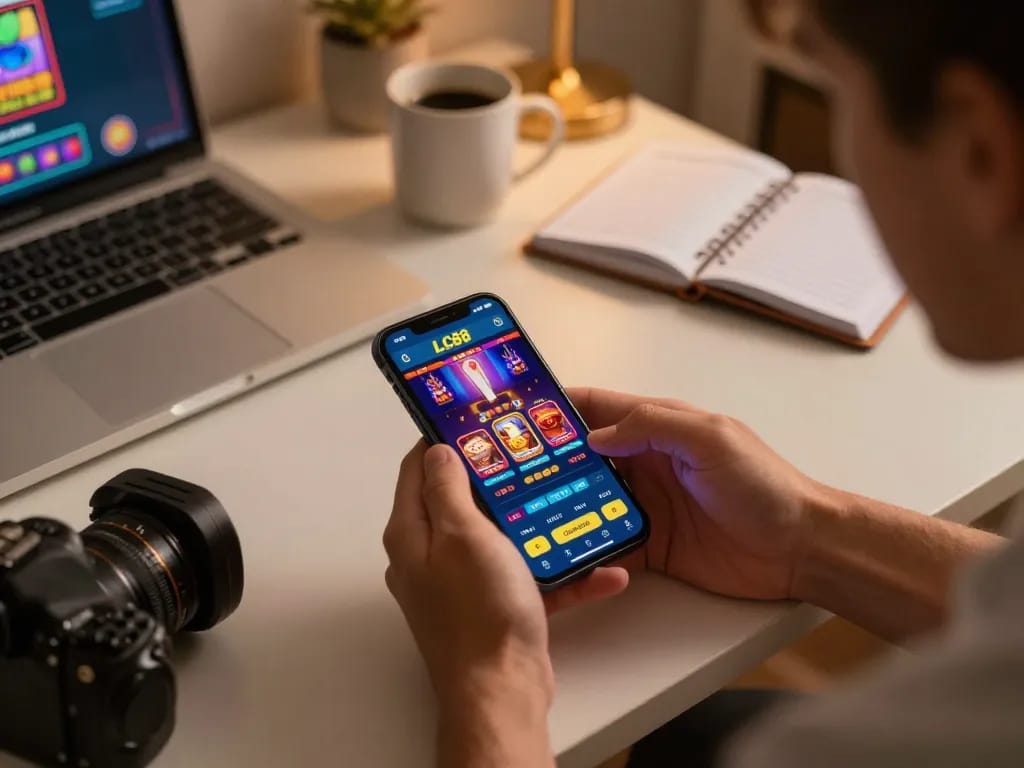 Engaging with the LC88 life mobile app, a player uses a smartphone for online casino gaming.