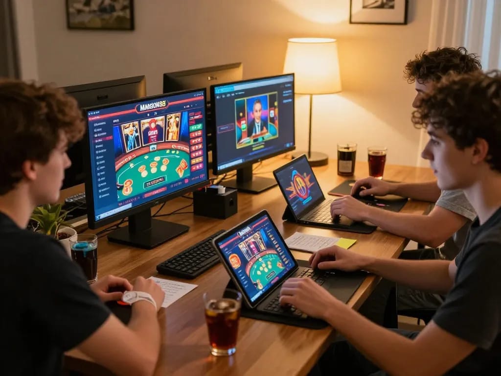 플레이어들이 집에서 poker를 즐기며 화면에 Mansion88을 띄우고 전략적인 온라인 게임을 보여주고 있습니다.