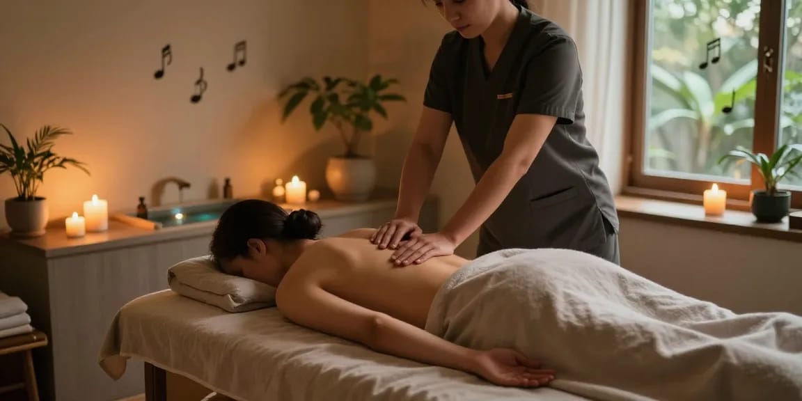 스웨디시 마사지 중 환자가 편안하게 쉬고 있는 스파 장면