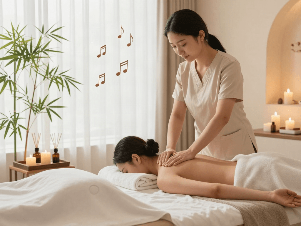 Enjoying 하남출장안마 in a tranquil massage room with calming ambiance and soothing aromas.