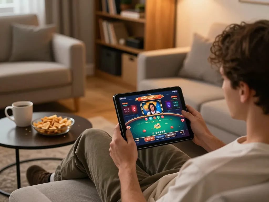 Person engaged in online betting using Keo nha cai 5 on tablet in a cozy home environment