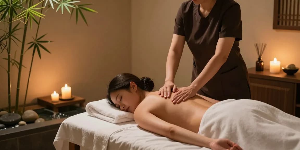 Relaxing 동작구출장안마 session in a serene massage treatment room, showcasing wellness atmosphere with candles and natural decor.