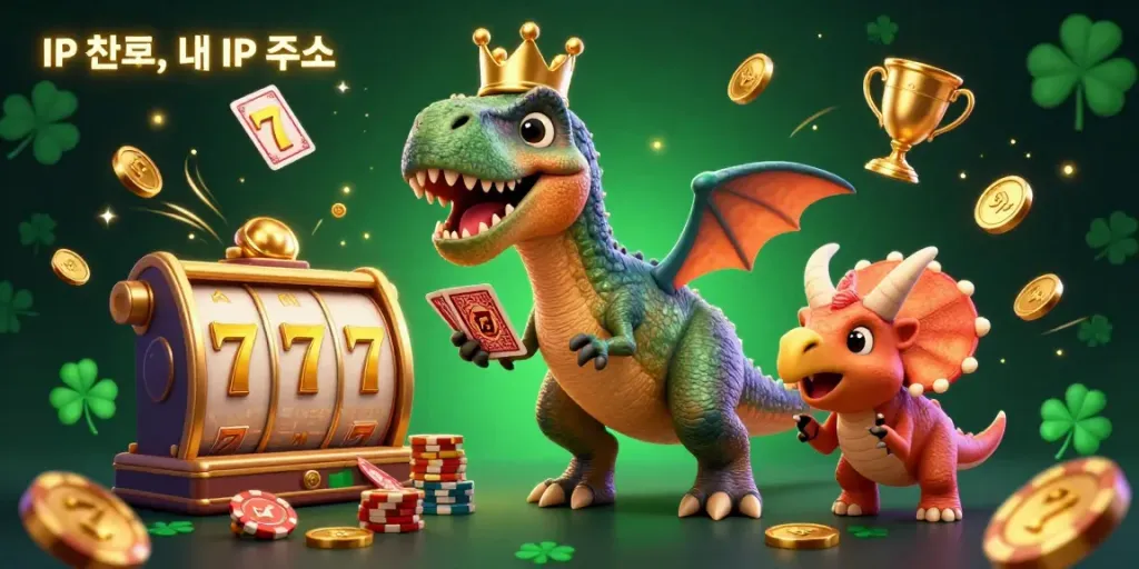 Engage with IP 조회, 내 IP 주소 in a vibrant 3D scene of dinosaurs enjoying card games surrounded by casino elements.