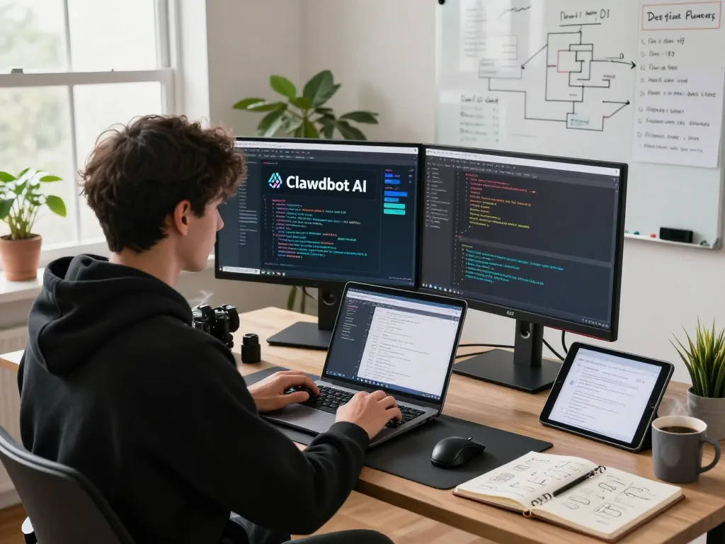 Developer using Clawdbot AI in a modern home office with dual monitors and coding environment.