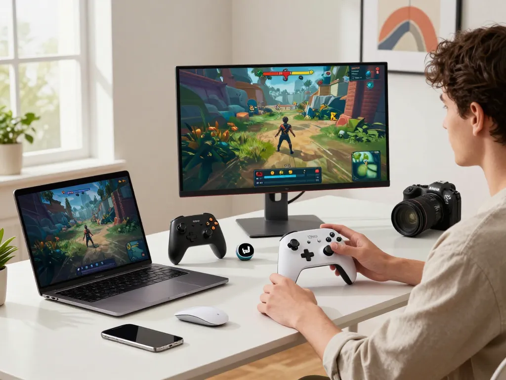 Explore affordable tech gadgets like the 8BitDo Ultimate 2 controller and Fitbit Charge 6 in a stylish home workspace.