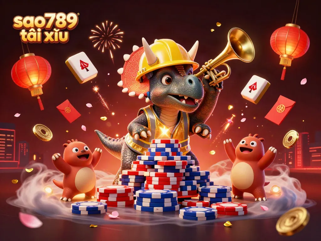 Sao789 tài xỉu scene with a triceratops building poker chips amidst festive elements and cheering companions