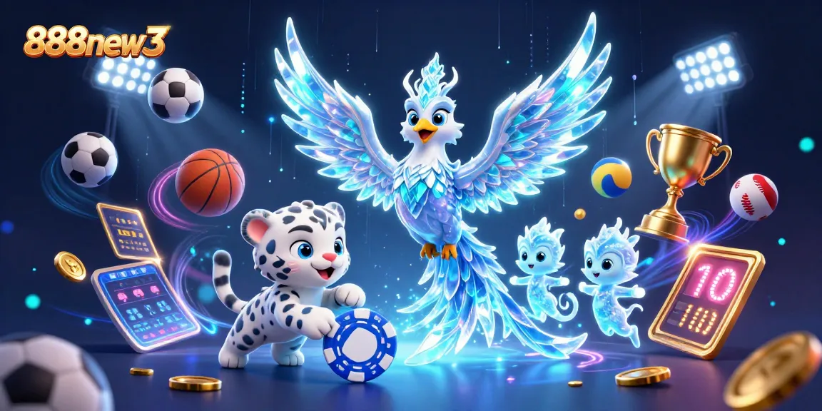 Experience excitement at 888new3 with a captivating scene of an ice phoenix and sports elements.