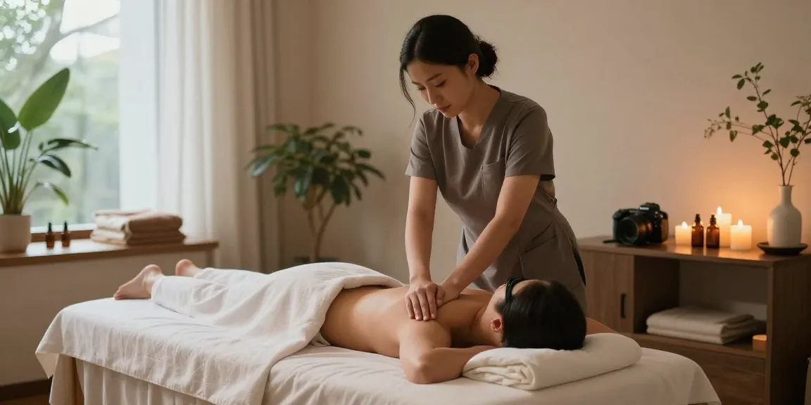 스웨디시 마사지 중인 고객과 마사지 치료사, 아로마 오일과 촛불이 있는 편안한 분위기.