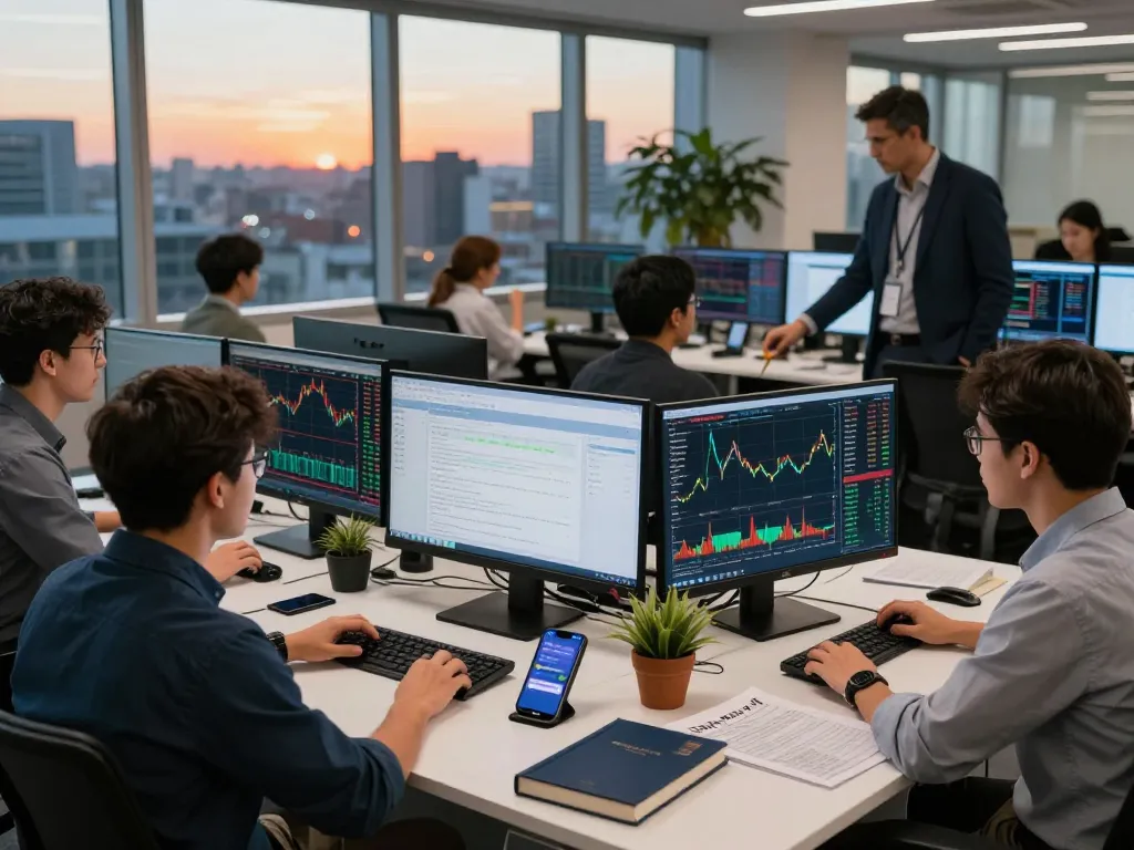 UpTo Exchange에서 시장 동향을 분석하는 트레이더들, 안전하고 혁신적인 거래 환경을 보여줍니다.
