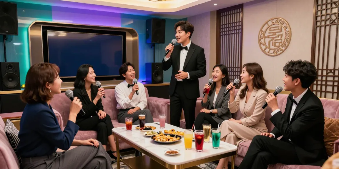 강남쩜오에서 즐거운 시간을 보내는 고객들이 있는 고급스러운 노래방 장면