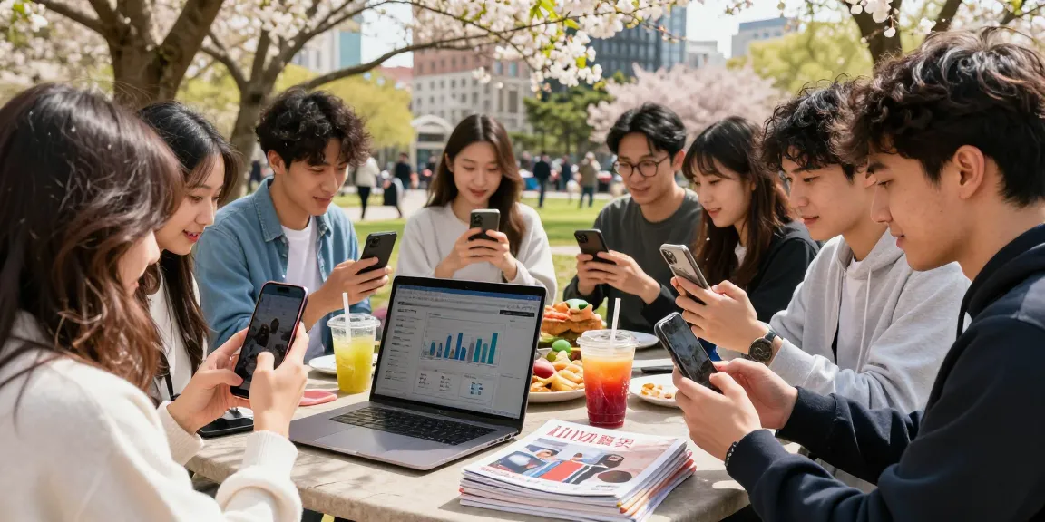 友人たちが公園でスマートフォンを使い、いいね購入について話し合っている様子