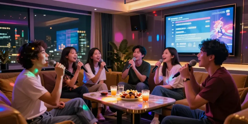 강남 달토에서 즐겁게 노래하고 있는 사람들 모습으로, 젊은 직장인들이 함께 노래를 부르는 분위기