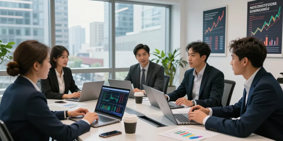 업투익스체인지 team collaborating in a modern cryptocurrency trading environment