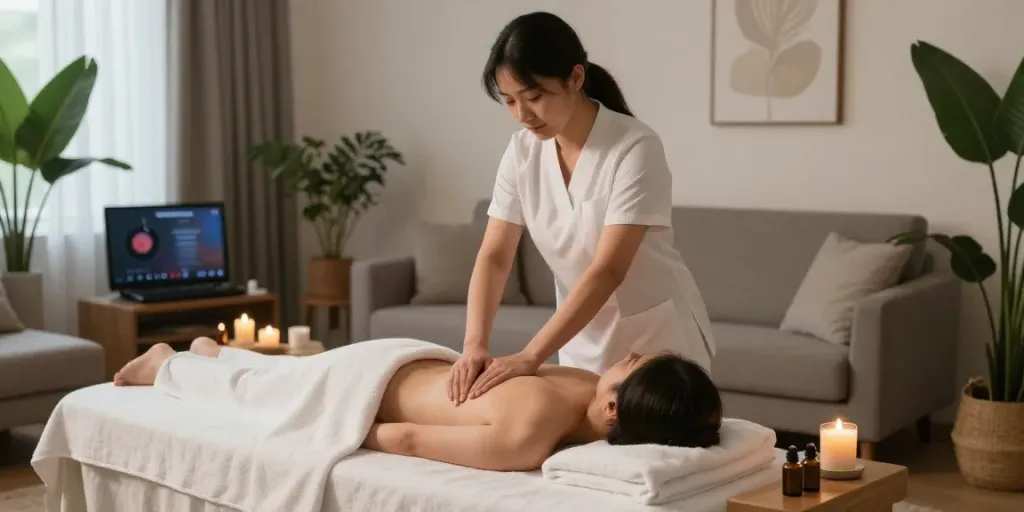 Relaxing 일산출장안마 massage session in a serene home environment.