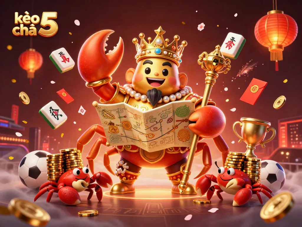 Join the excitement of kèo nhà cái 5 with a colorful scene featuring a golden crab emperor amid dynamic sports betting elements.
