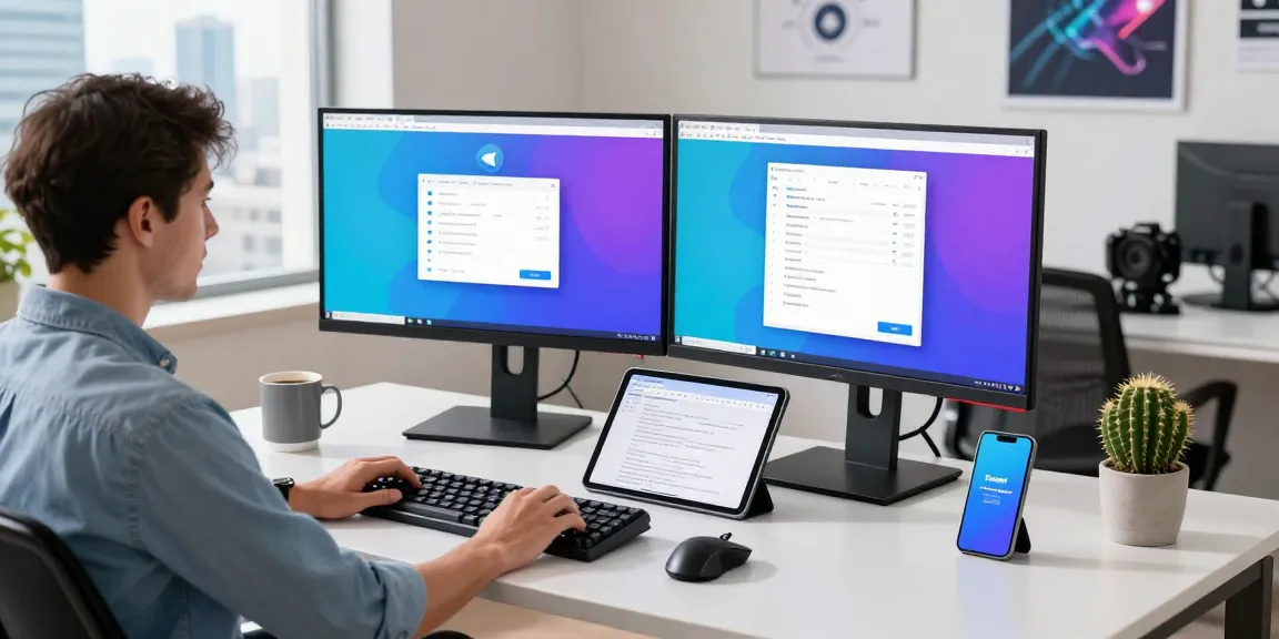 Optimized workspace showing a developer coding the Telegram web version on dual monitors, surrounded by tech gadgets.