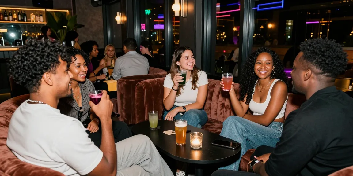Exciting social gathering at a vibrant 오피 lounge with friends enjoying drinks in a stylish setting.