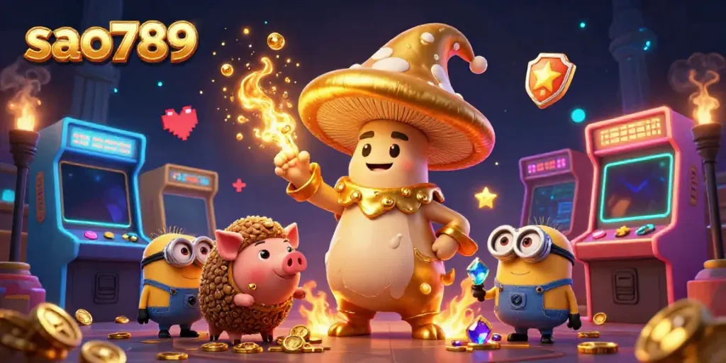 Engage with the vibrant world of sao789, featuring a magical mushroom wizard and gaming elements under stunning visuals and lighting.