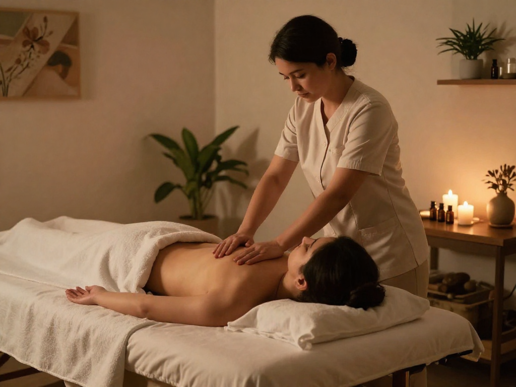 Client enjoying a relaxing 영등포출장안마 session in a serene home environment with professional therapist.