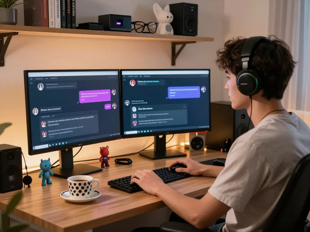 User interacting with an NSFW chat bot in a modern workspace, showcasing dynamic chat interfaces and a cozy atmosphere