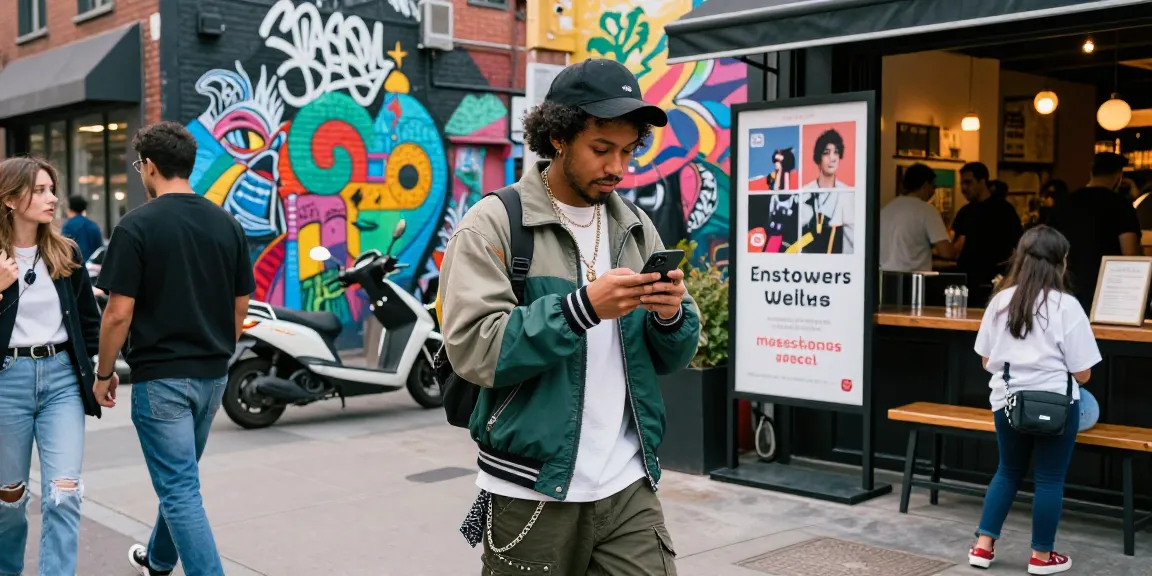 Instagram フォロワー 購入 最安値を意識した街中のインフルエンサーが、スマートフォンをチェックしているシーン。