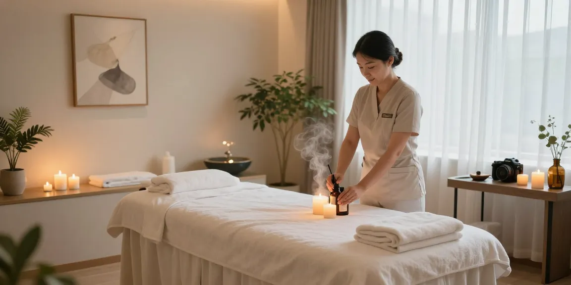 Relaxing 강남여성전용마사지 atmosphere in a luxurious spa scene featuring a professional therapist preparing oils.