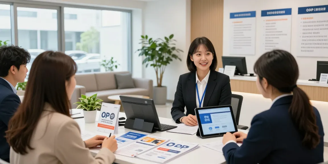 Consultant assisting clients at 한국오피 OP service center, showcasing professional advice and welcoming atmosphere.