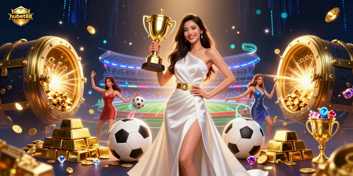 Experience the thrill of winning at hubet88 with a victorious Asian woman amidst sports betting glory and treasures.