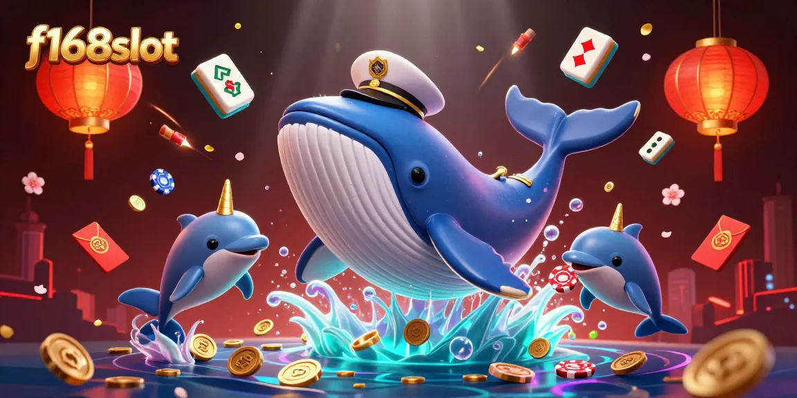 Engage in thrilling gameplay at f168slot with dynamic casino elements, including playful dolphins and a majestic whale.