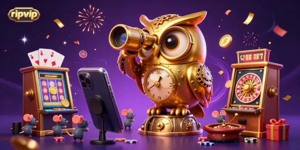 Experience winning moments in ripvip with a vibrant 3D casino scene showcasing a golden owl, slot games, and festive confetti.