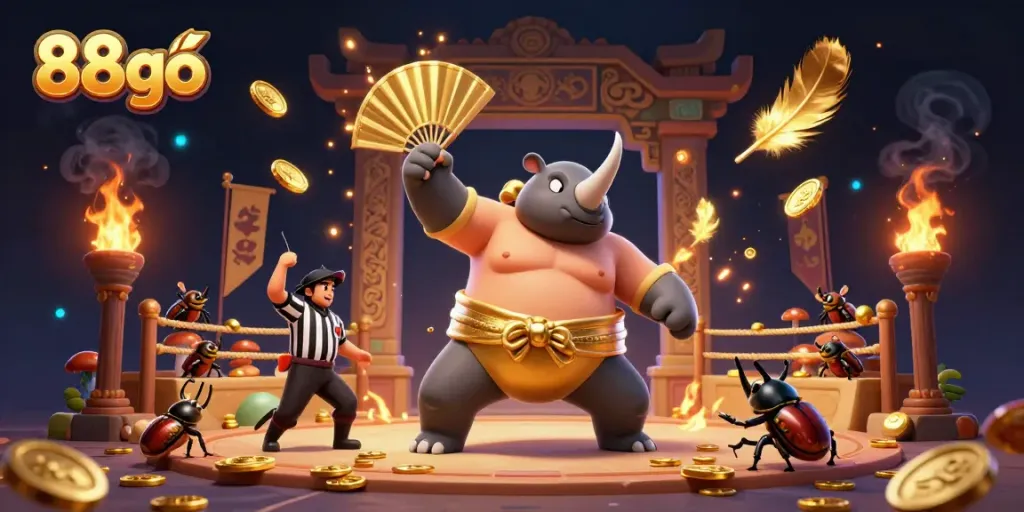 Experience thrilling action with the 88go sumo champion beetle amidst flying coins and vibrant game elements.