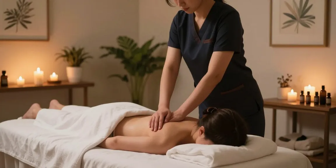 동탄마사지 전문 시술을 받는 고객과 치료사 모습, 아로마 오일과 초가 있는 편안한 안마실.