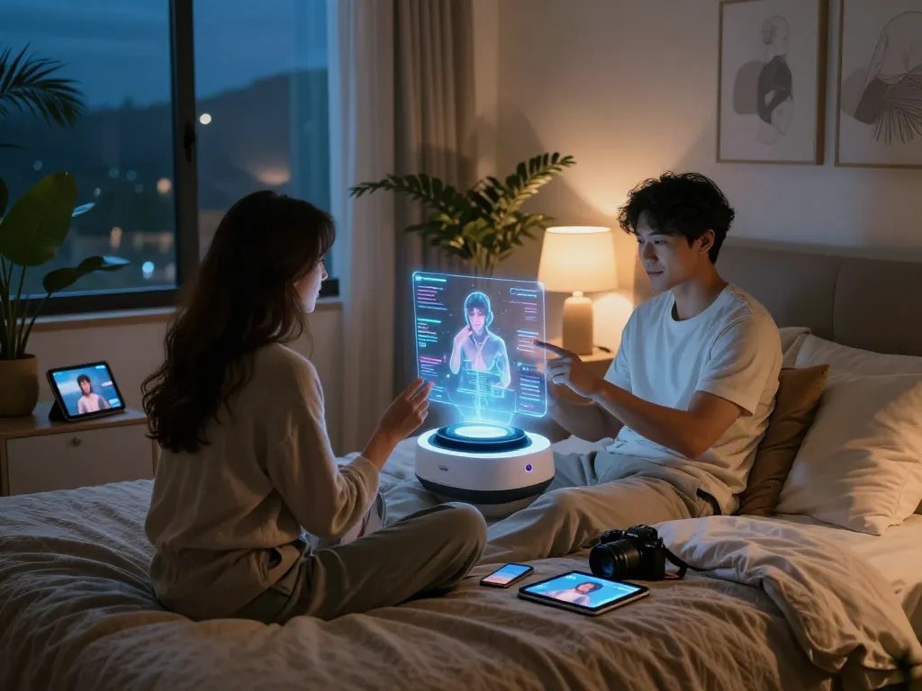 Couple exploring AI sex technology in a futuristic bedroom environment with ambient lighting.
